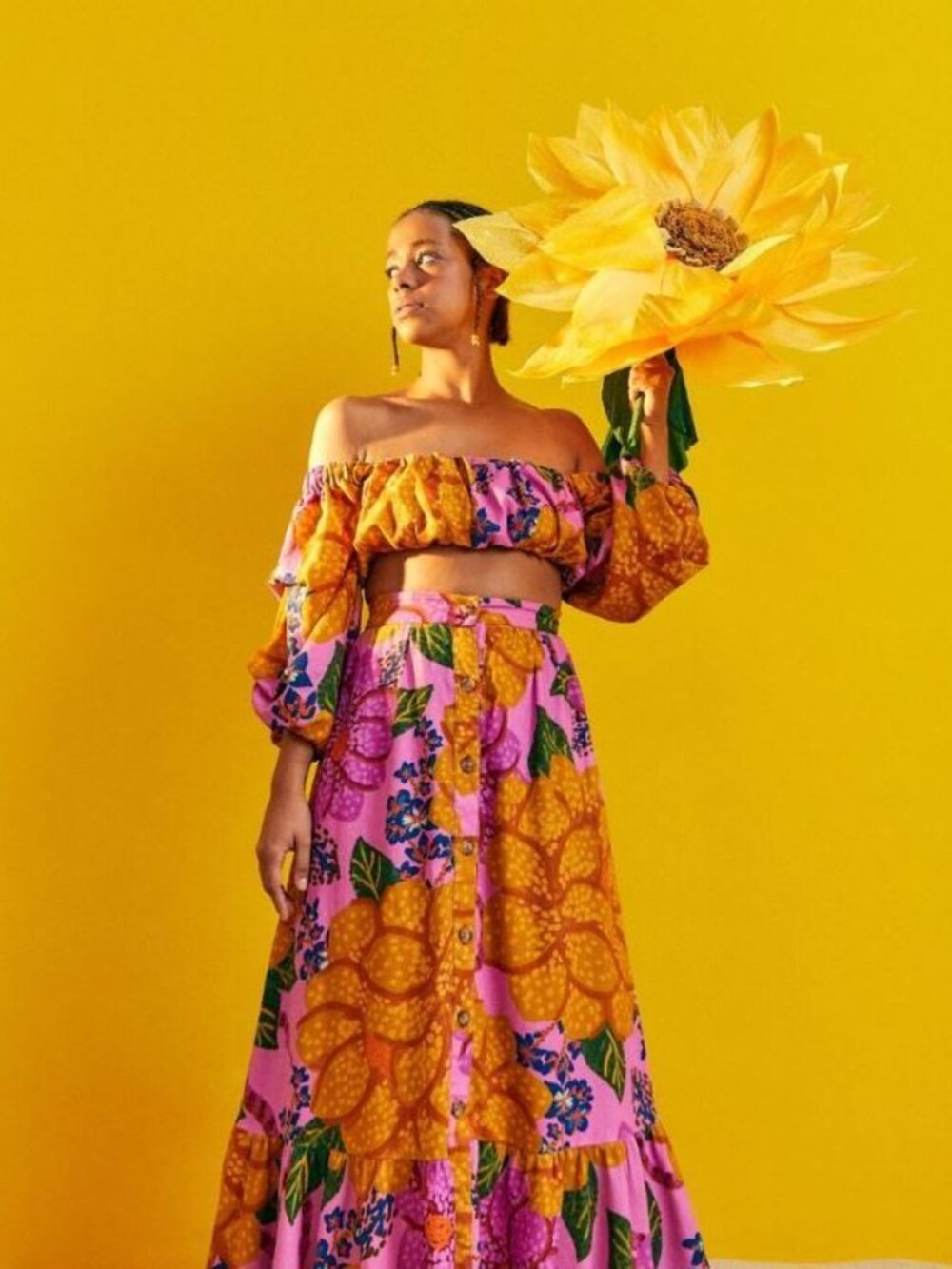 Farm Rio Floral Linen Blend Button Front Maxi Skirt | M
